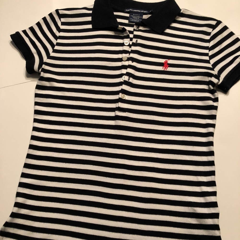 Striped black and white RL woman’s polo